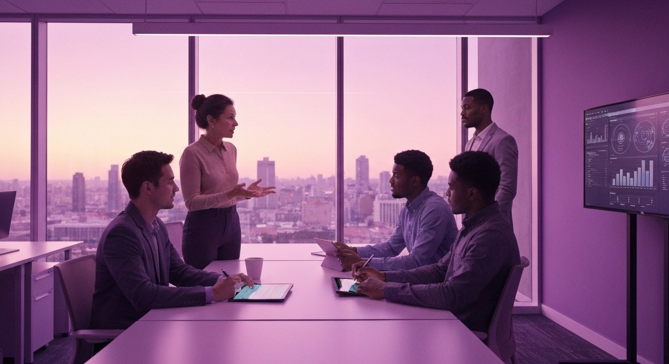Modern office workspace with professionals collaborating, city view in background, subtle purple tones