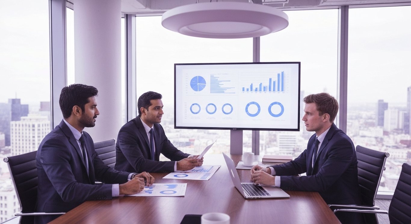 Business meeting of diverse professionals with charts in a modern office and a soft purple background