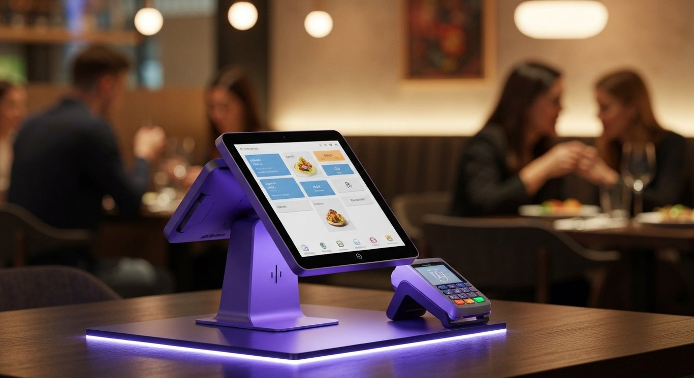 Modern point-of-sale terminal and payment device on a restaurant counter with a soft purple background