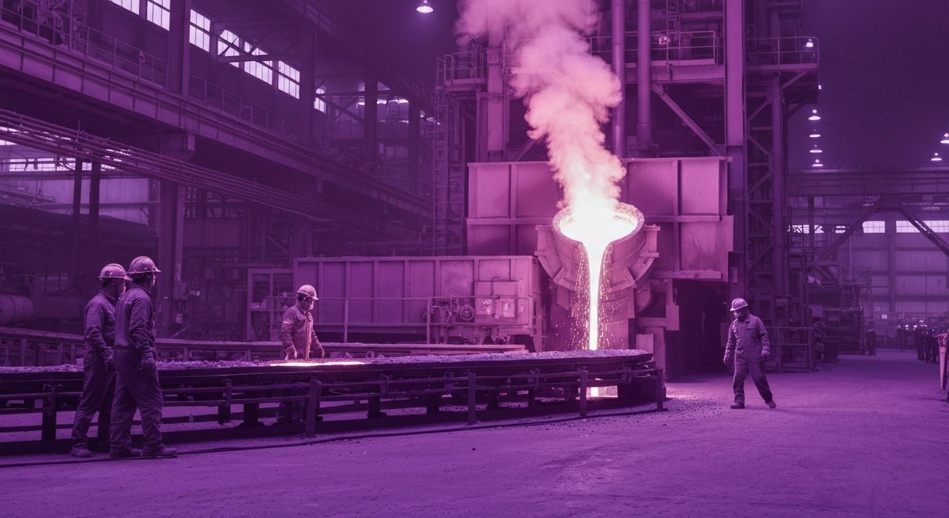 Steel mill with molten metal pouring and workers in a clean, purple-themed industrial setting