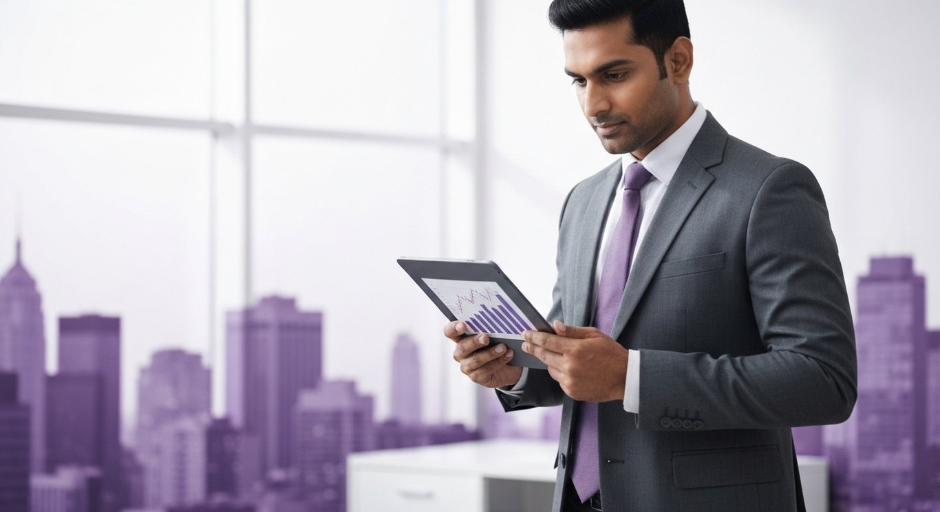 Businessman reviews financial graphs on tablet in modern office with abstract purple cityscape