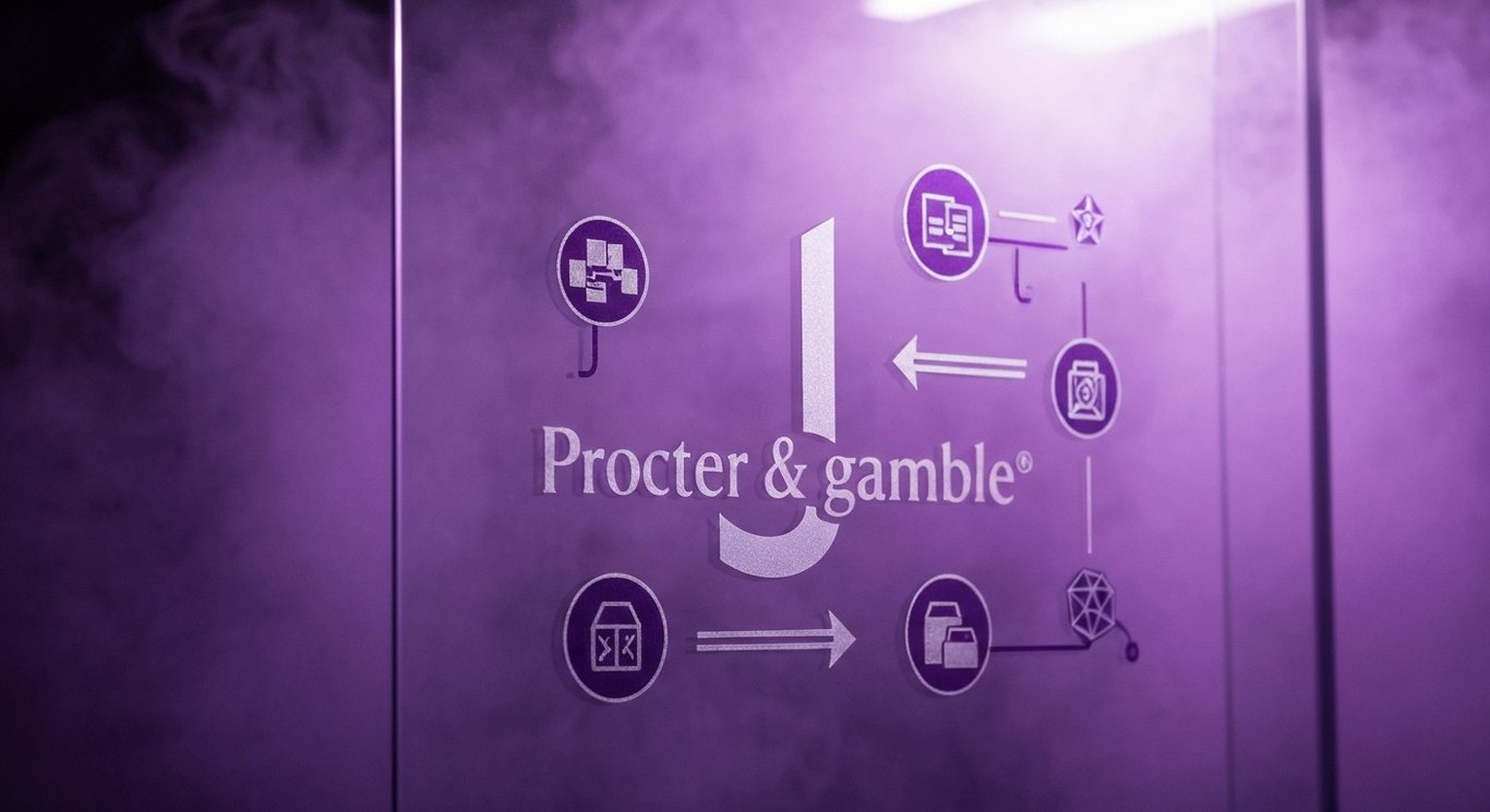 Logo on translucent glass, abstract supply chain icons and arrows signal restructuring and efficiency in soft purple glow