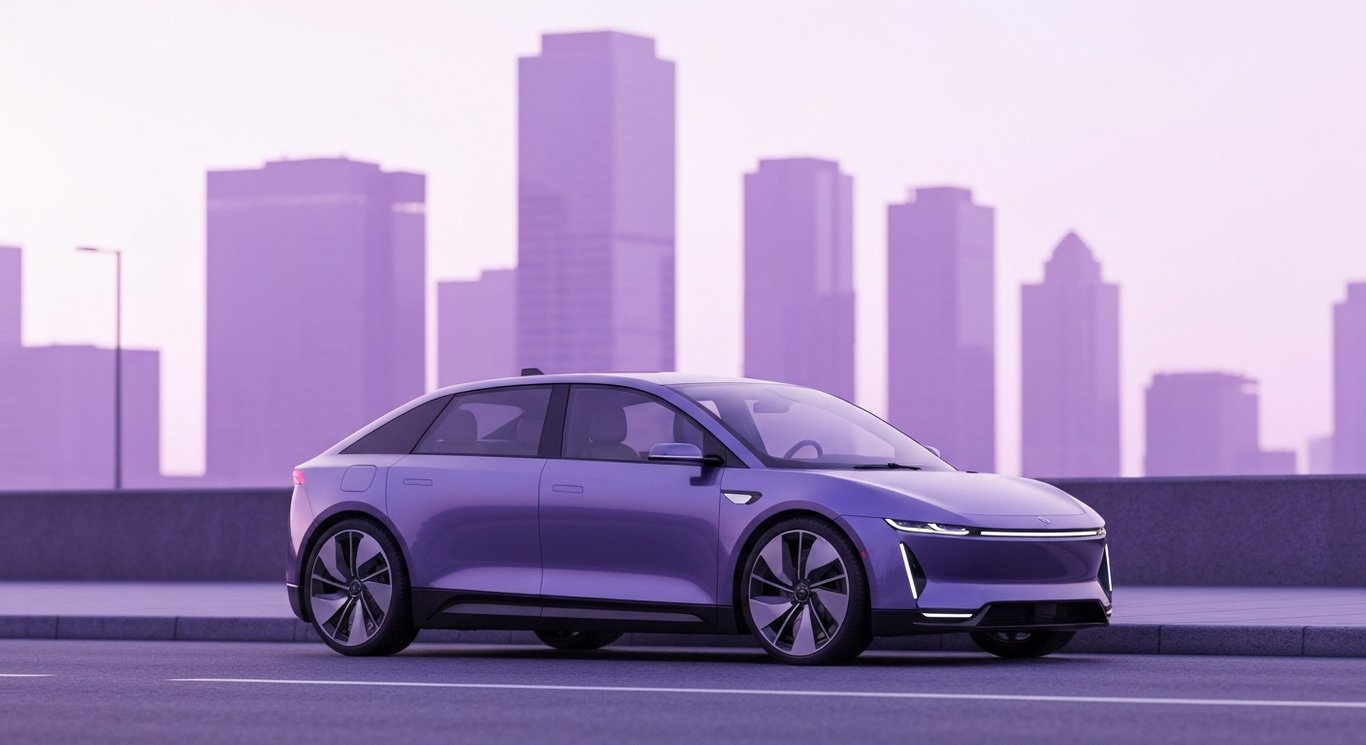 Futuristic autonomous electric car parked by a city curb with purple-tinted skyscrapers behind