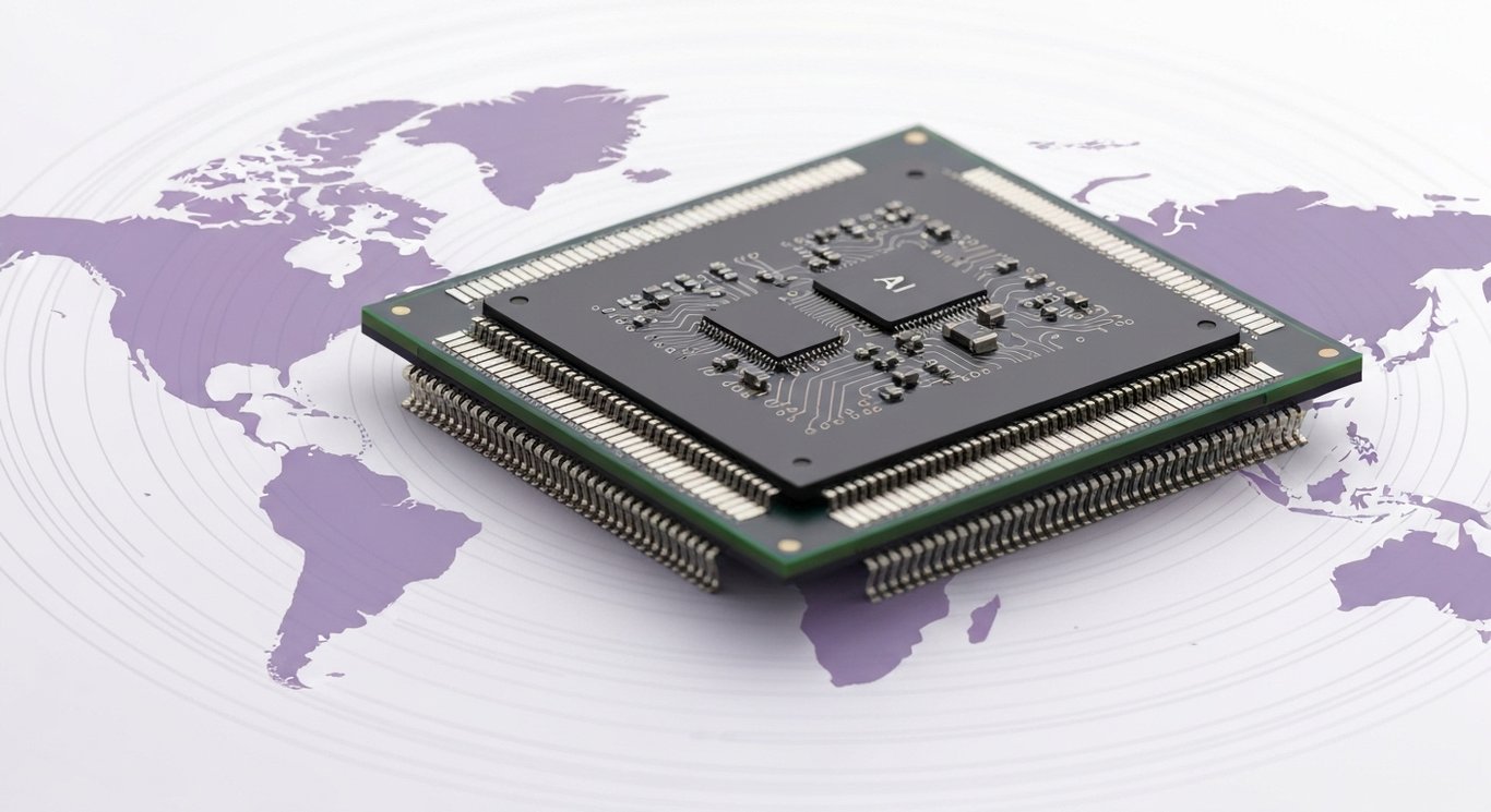 AI semiconductor chip on stylized circuitry with faint global map in the background
