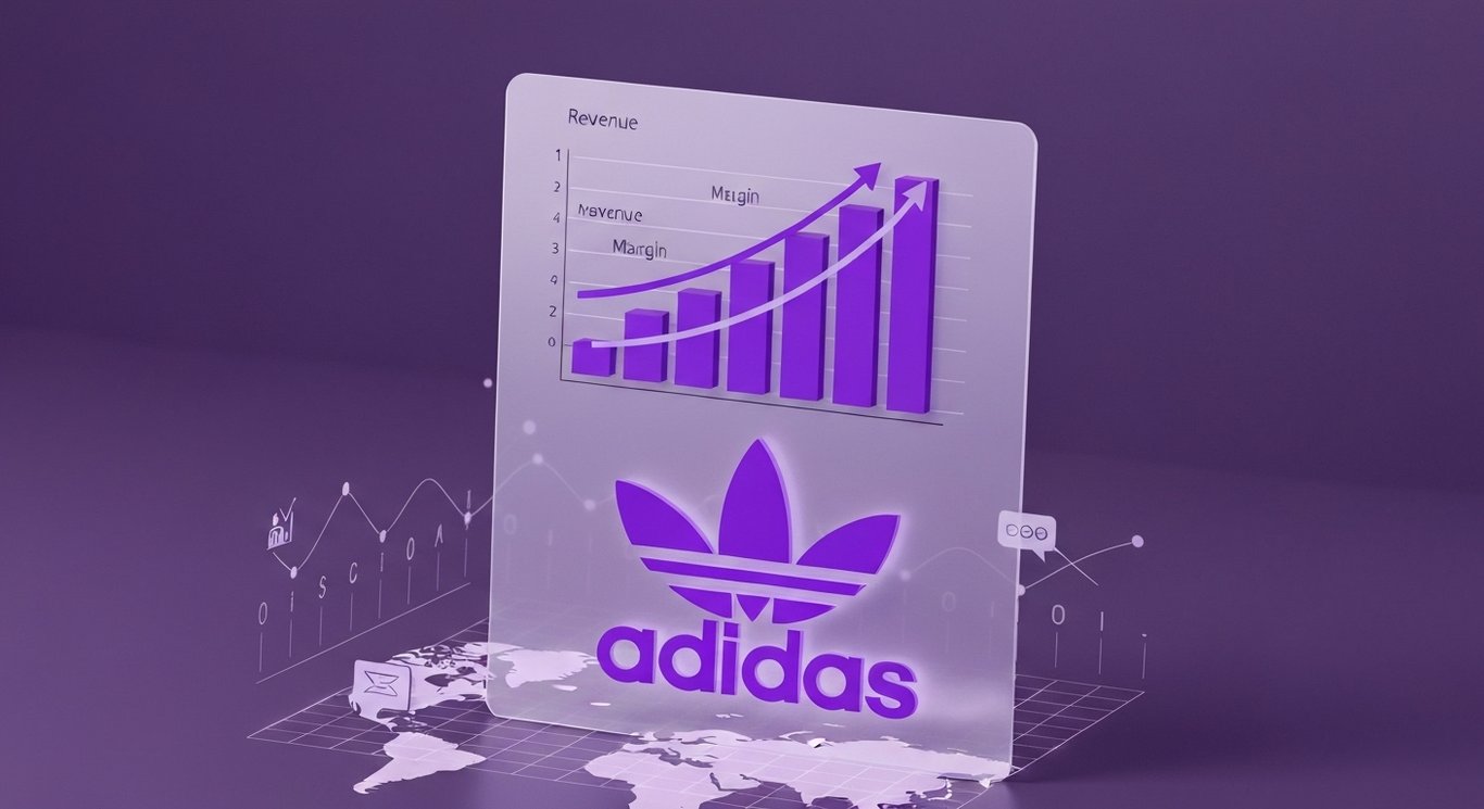 Logo in purple glass with charts, sneaker silhouette and data grid, highlighting earnings, revenue growth and cash flow