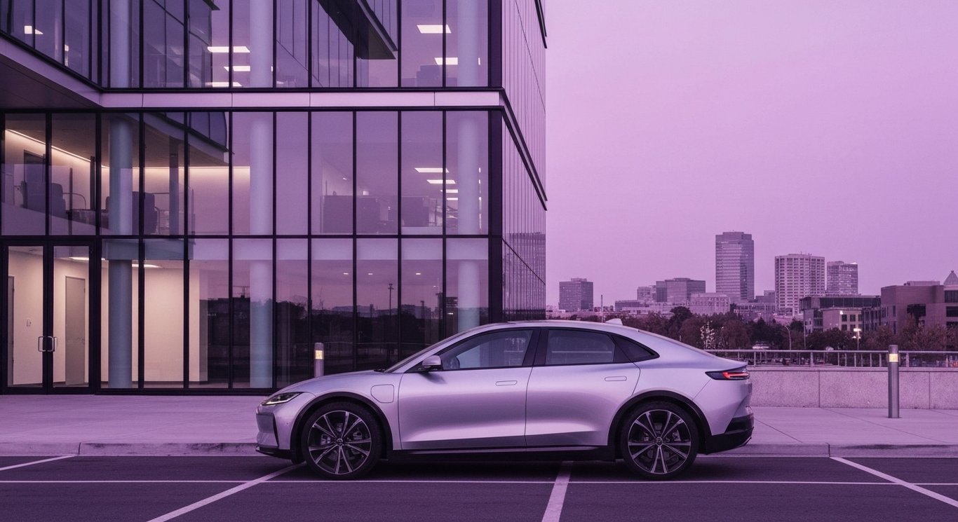 Silver electric car parked before a glass office with city skyline at twilight, purple tones