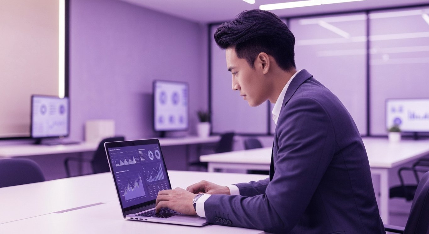 Young professional studies financial charts on a laptop in a modern office with purple lighting