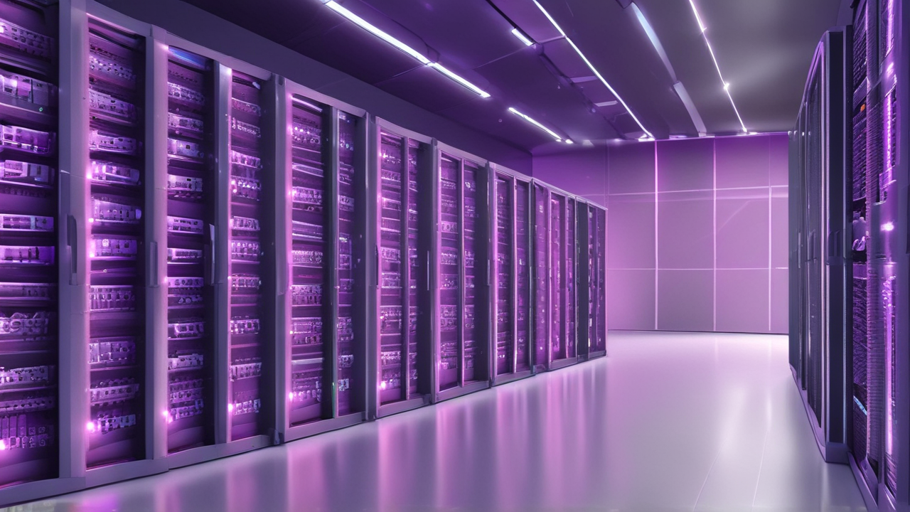 Silver computer server racks in a modern data center with ambient purple lighting