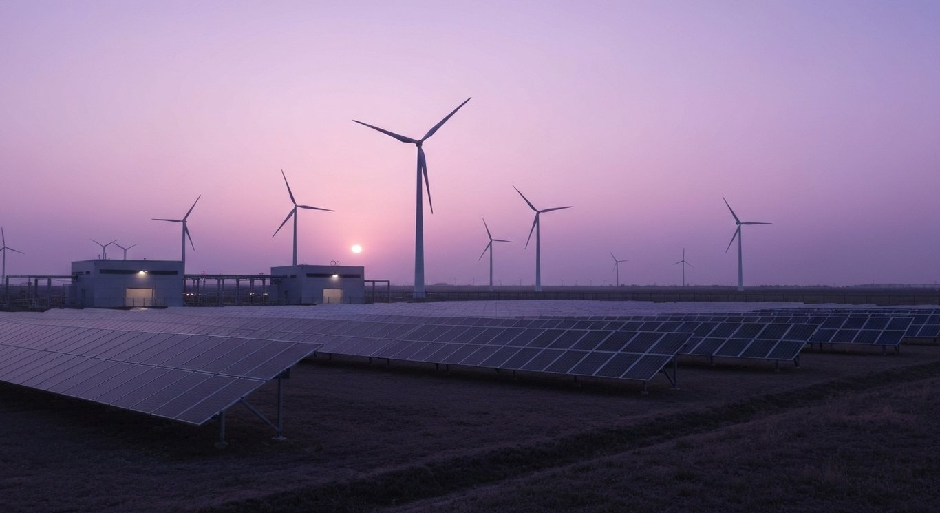 Solar power facility with wind turbines in a calm landscape at dusk, purple hues dominating the scene