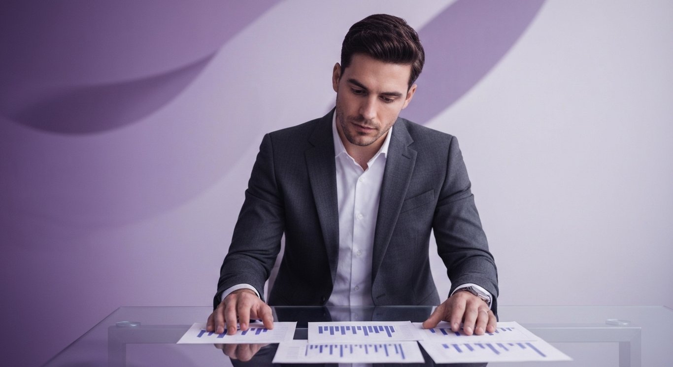 Business analyst examining financial charts on a glass table in a softly lit office with a purple tone