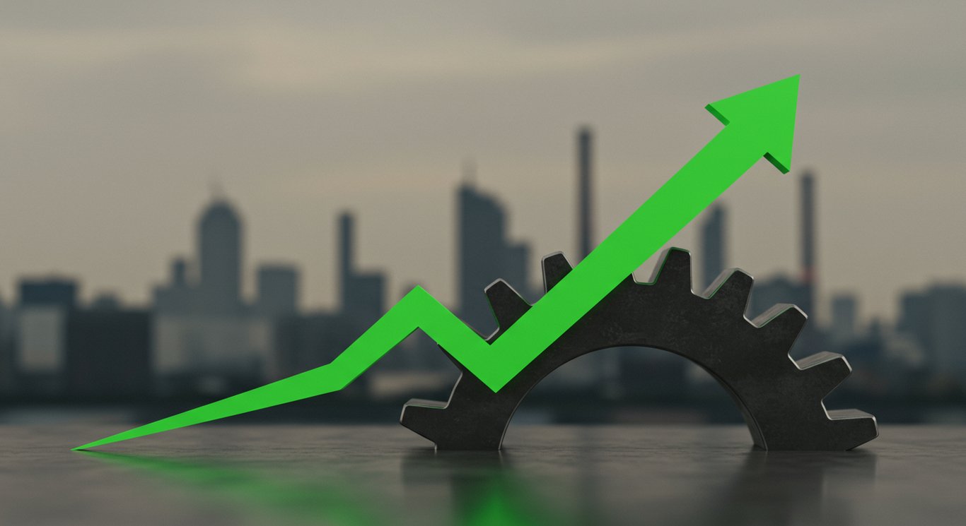Gear with rising green arrow, representing growth in the Industrials sector.