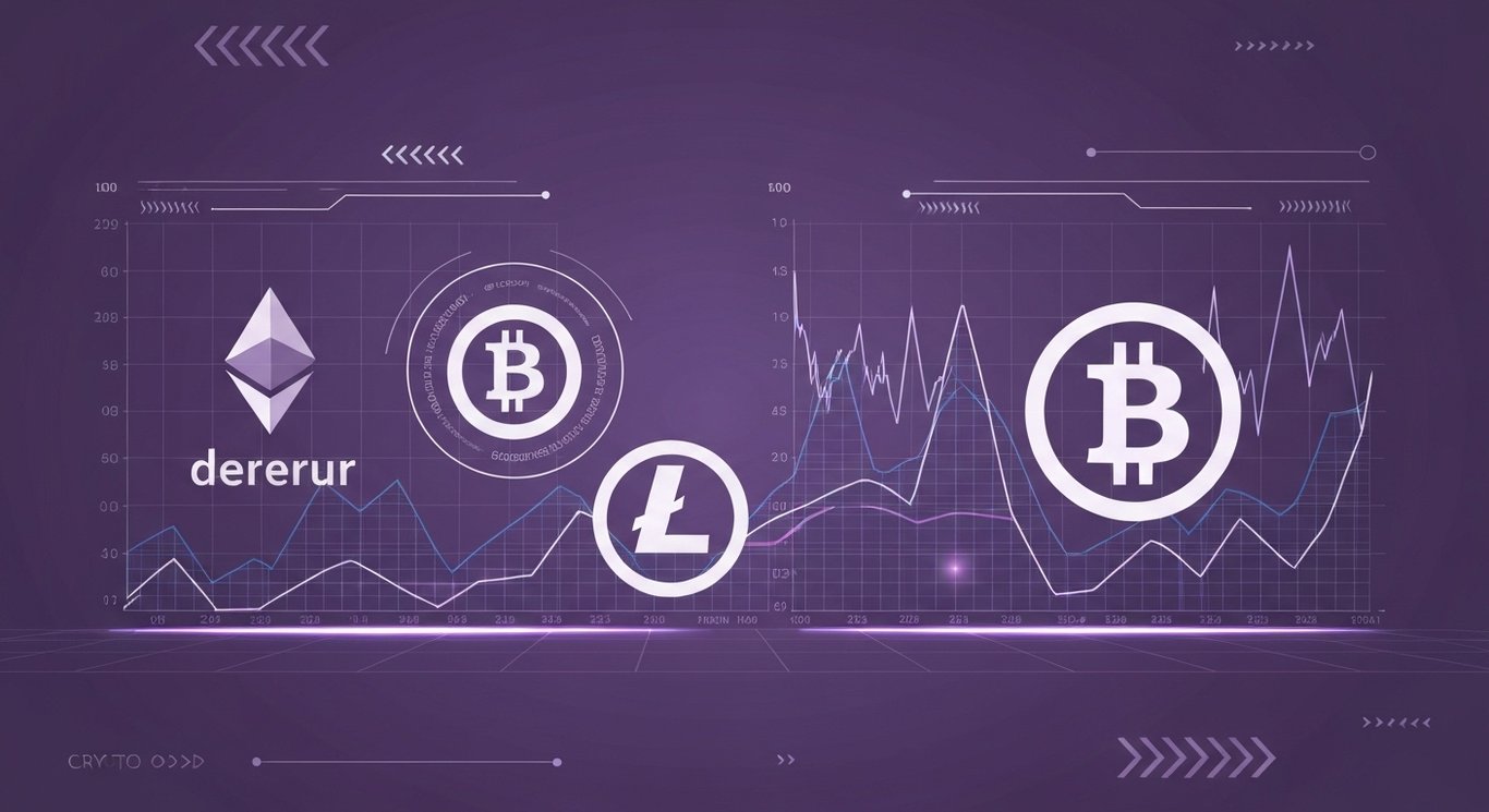 Digital coin symbols and glowing graphs in a futuristic purple-toned crypto market scene