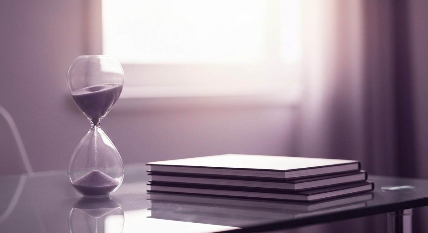 Hourglass and notebooks on a glass desk with soft purple background lighting