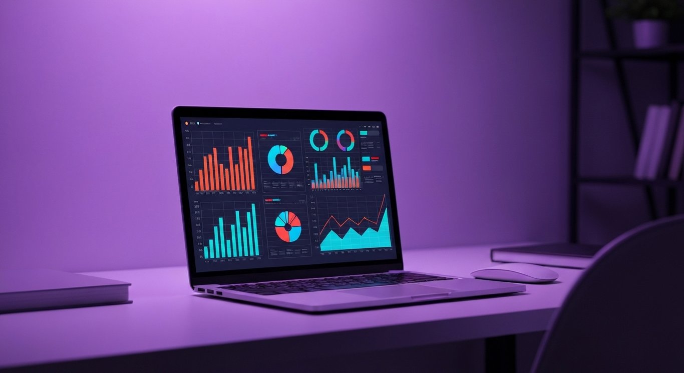 Modern laptop computer on a sleek desk with digital graphs and abstract purple lighting in the background