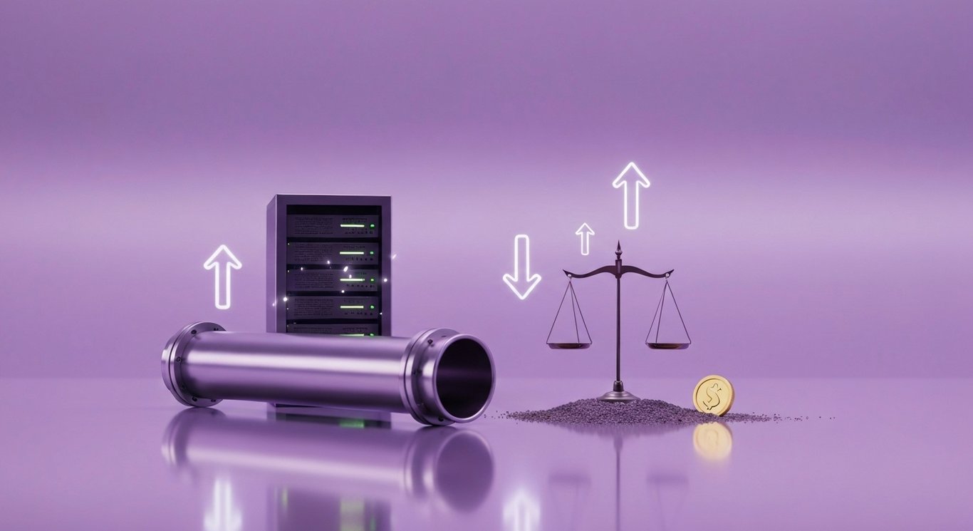 Abstract 3D composition with steel pipeline, server rack, balance scale, and coin sprout on reflective surface