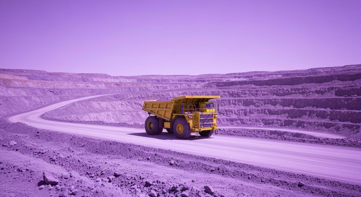 Gold mining truck in an open-pit mine with layered earth and a clear, purple-tinted sky