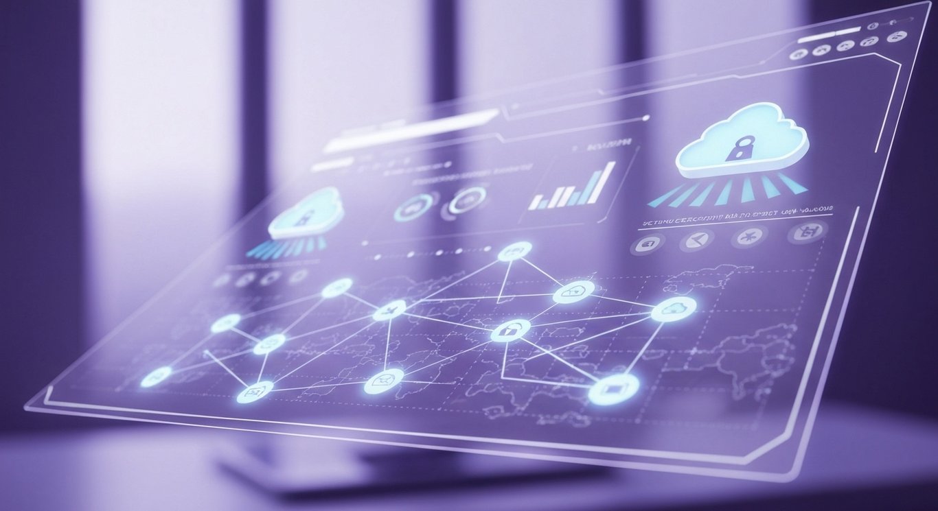 Abstract network security dashboard with glowing nodes and cloud icons in a modern workspace
