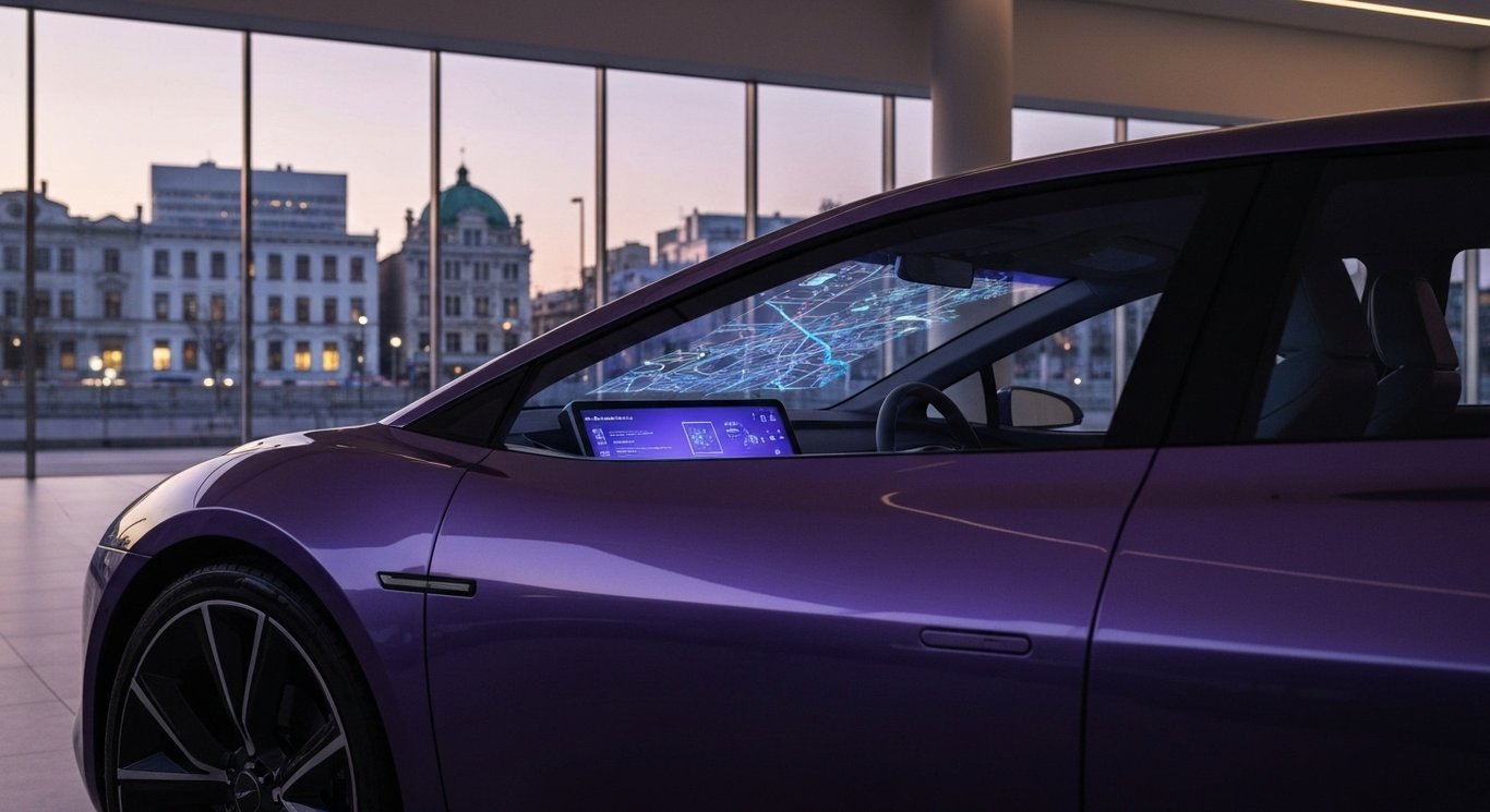Futuristic electric car with glowing dashboard displayed in a modern indoor setting against a purple city skyline