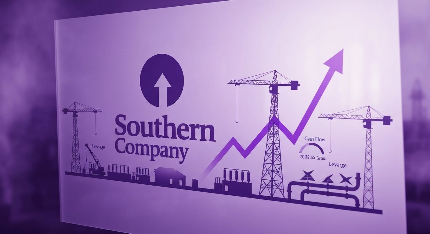 Logo in frosted purple glass, power grid and substations, positive cash-flow arrow, cranes, minimalist utility finance theme
