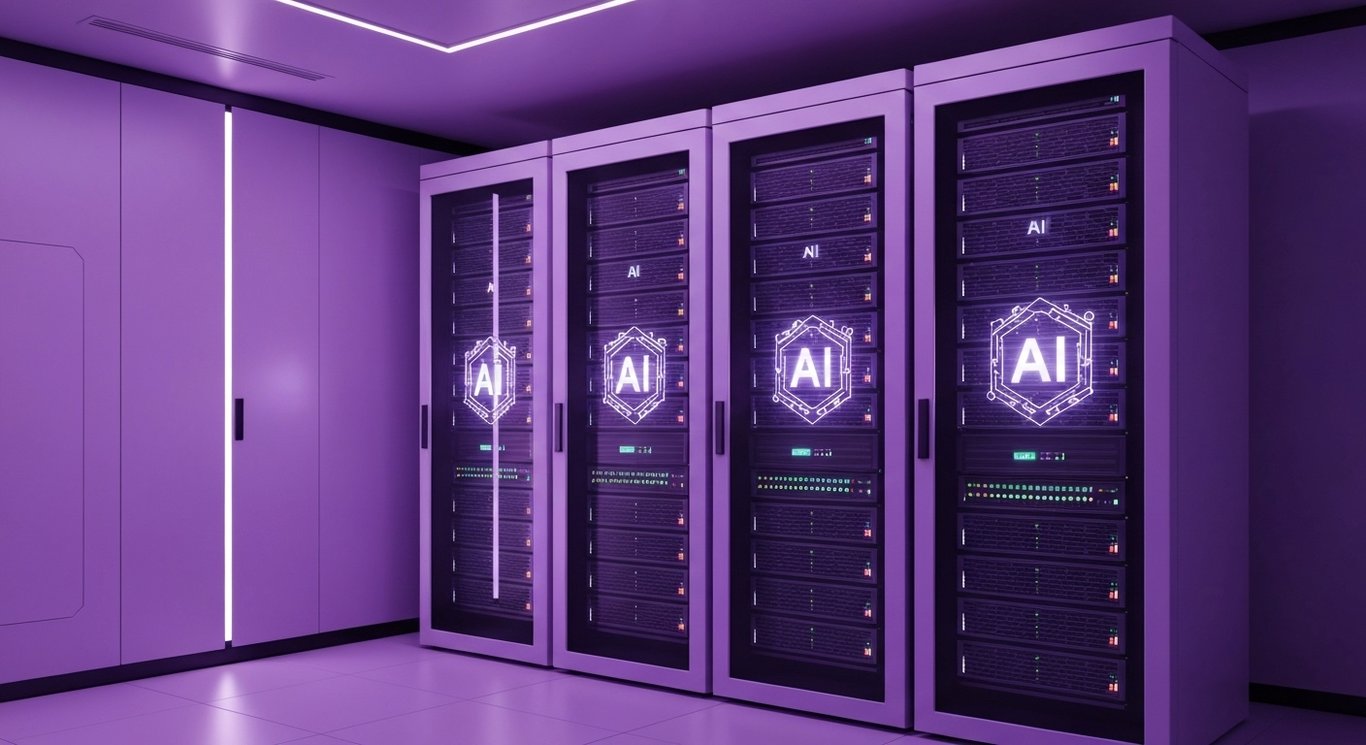 Modern data server racks illuminated with soft purple lighting in a high-tech environment