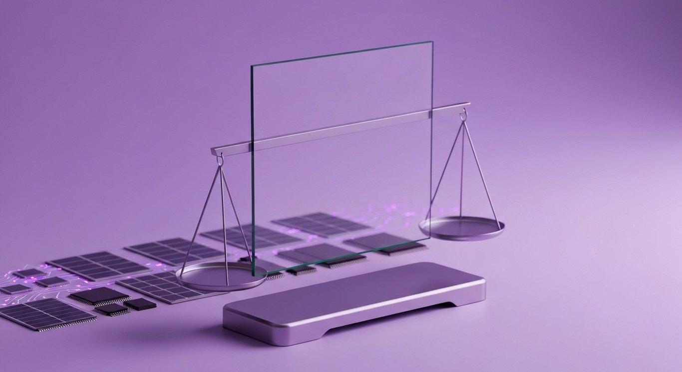 Glass panel balanced on a sleek scale between solar cells and silicon chips under a soft purple glow