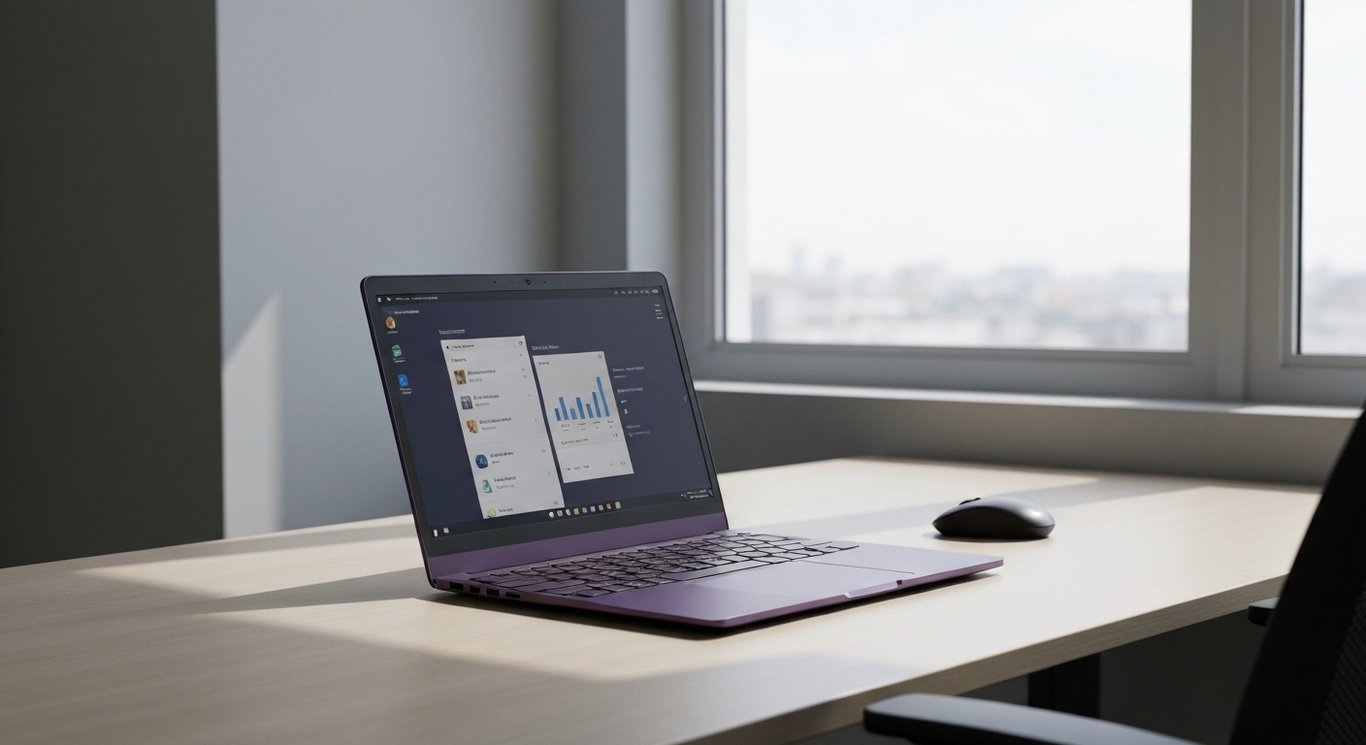 Modern laptop displaying a digital dashboard on a clean desk, bathed in soft purple-toned sunlight