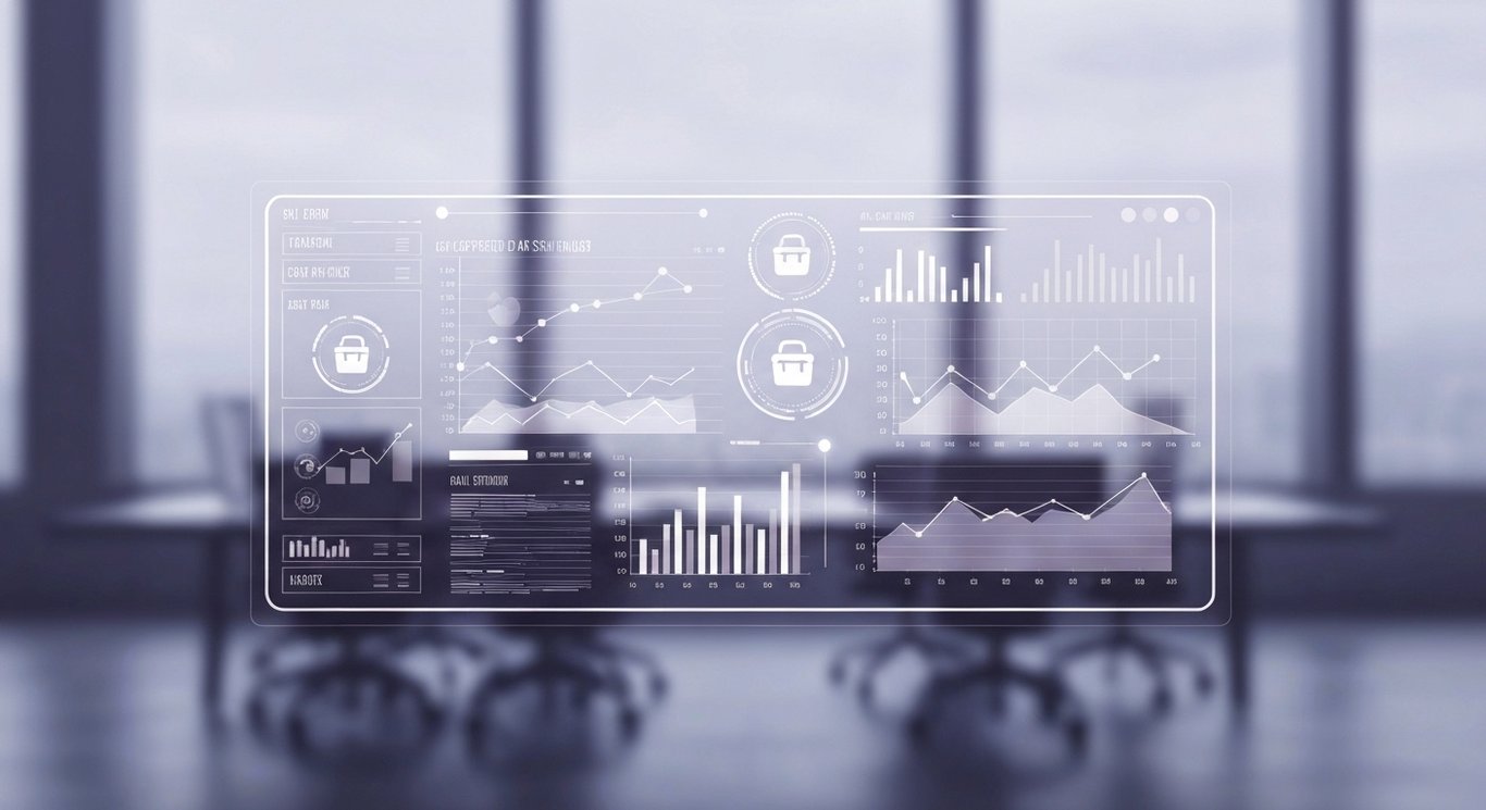 Abstract AI dashboard with glowing graphs and shopping icons in a sleek office setting