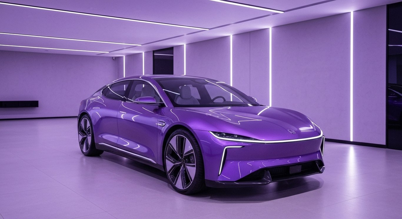 Electric vehicle in modern showroom with abstract purple lighting