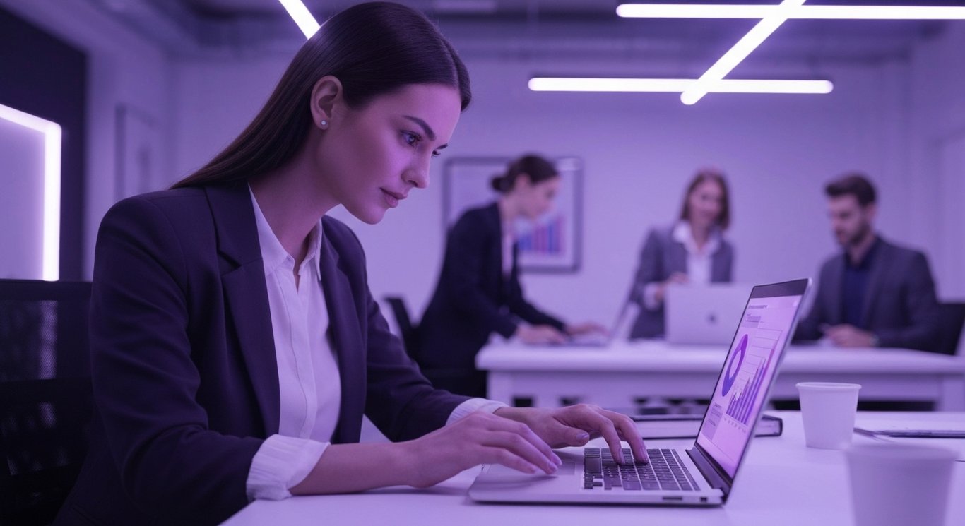 Young professional analyzing charts on laptop in busy office with colleagues and a purple gradient background