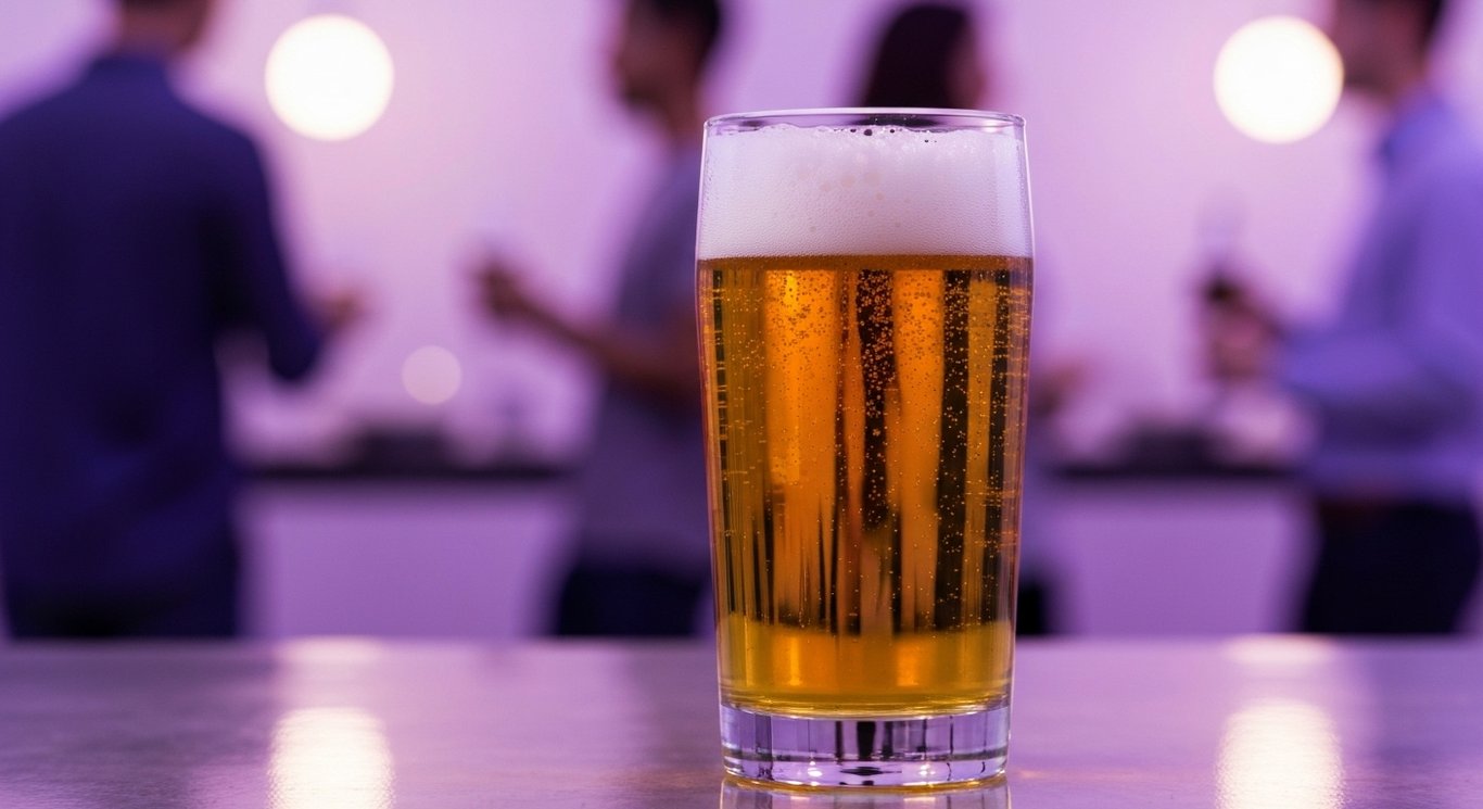 Glass of golden beer on reflective surface with subtle lively purple-hued gathering in background