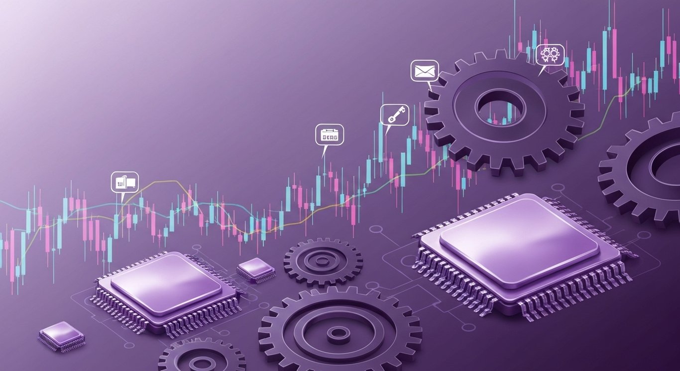 Abstract stock lines and sector icons with industrial and tech symbols on a soft purple gradient background