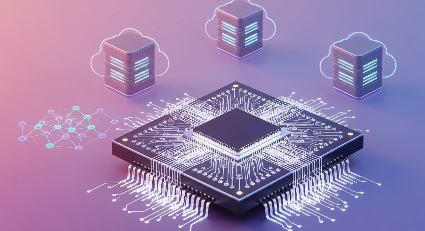 AI chip with glowing connections near cloud servers against a soft purple gradient background