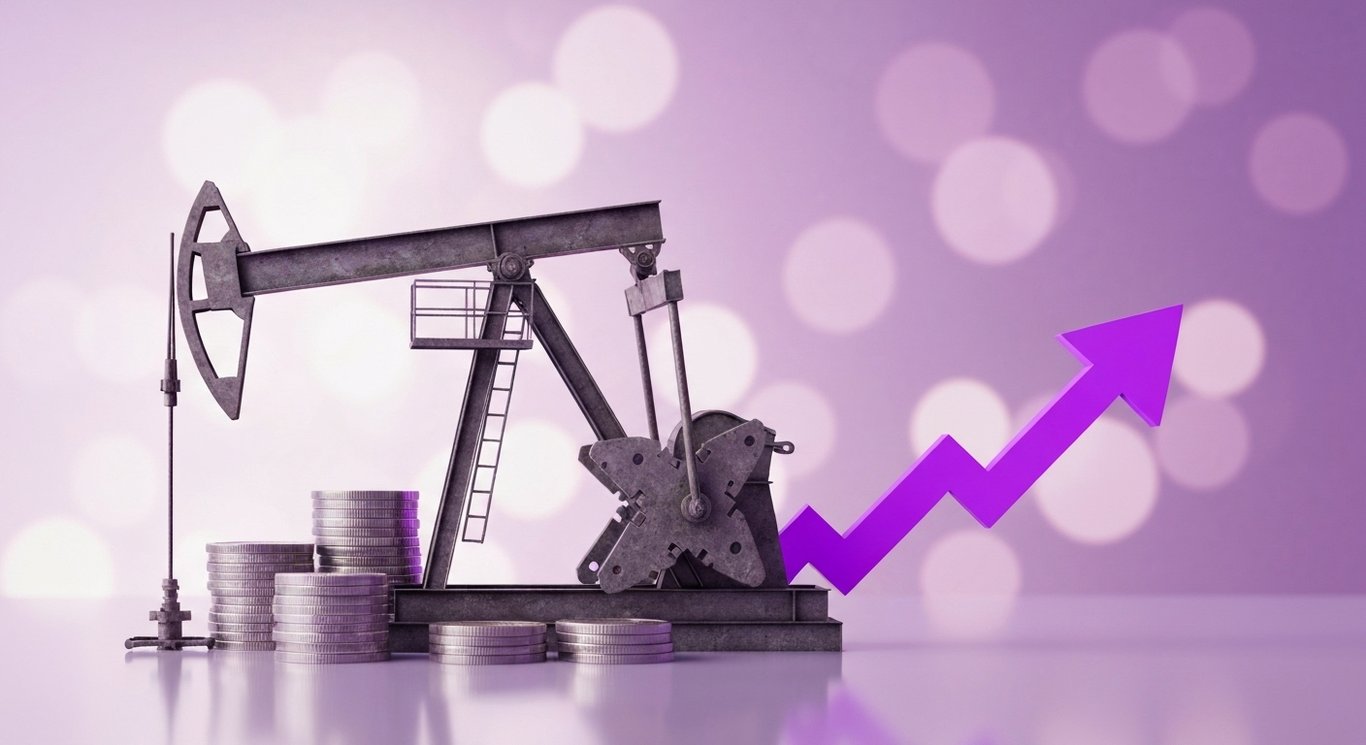 Oil pumpjack and gas well with stacked coins and rising arrow on a glossy surface with soft purple gradient background