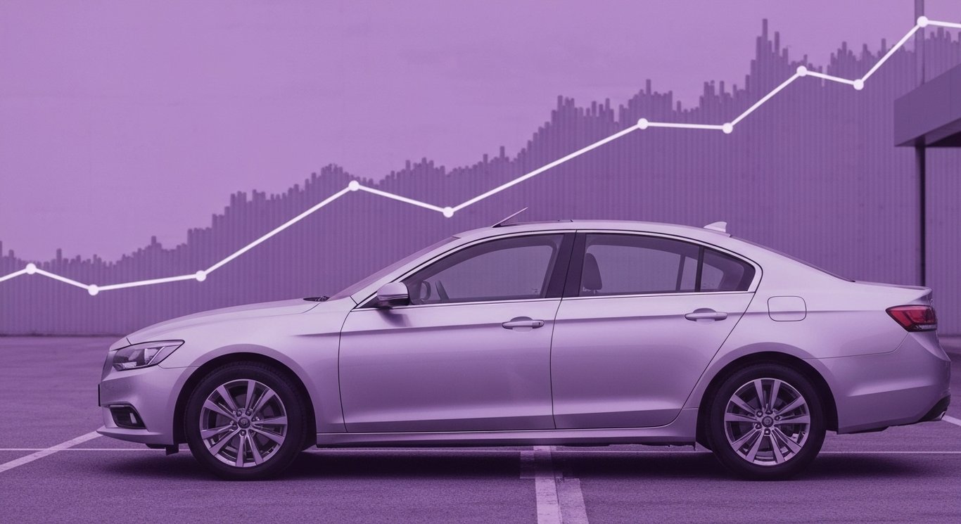 Silver sedan car in an auction lot with faint purple financial chart lines in the background