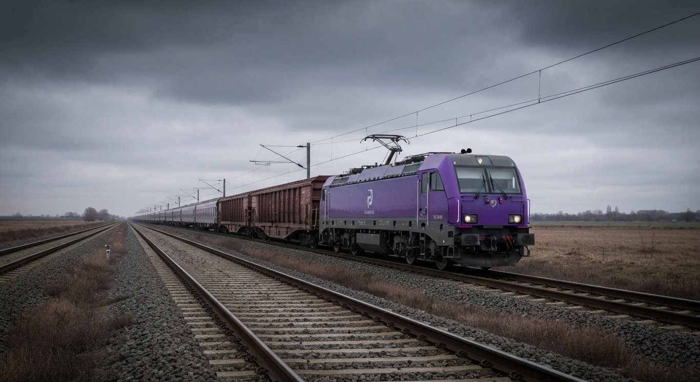 Freight train on railway tracks beneath a cloudy sky with a purple hue