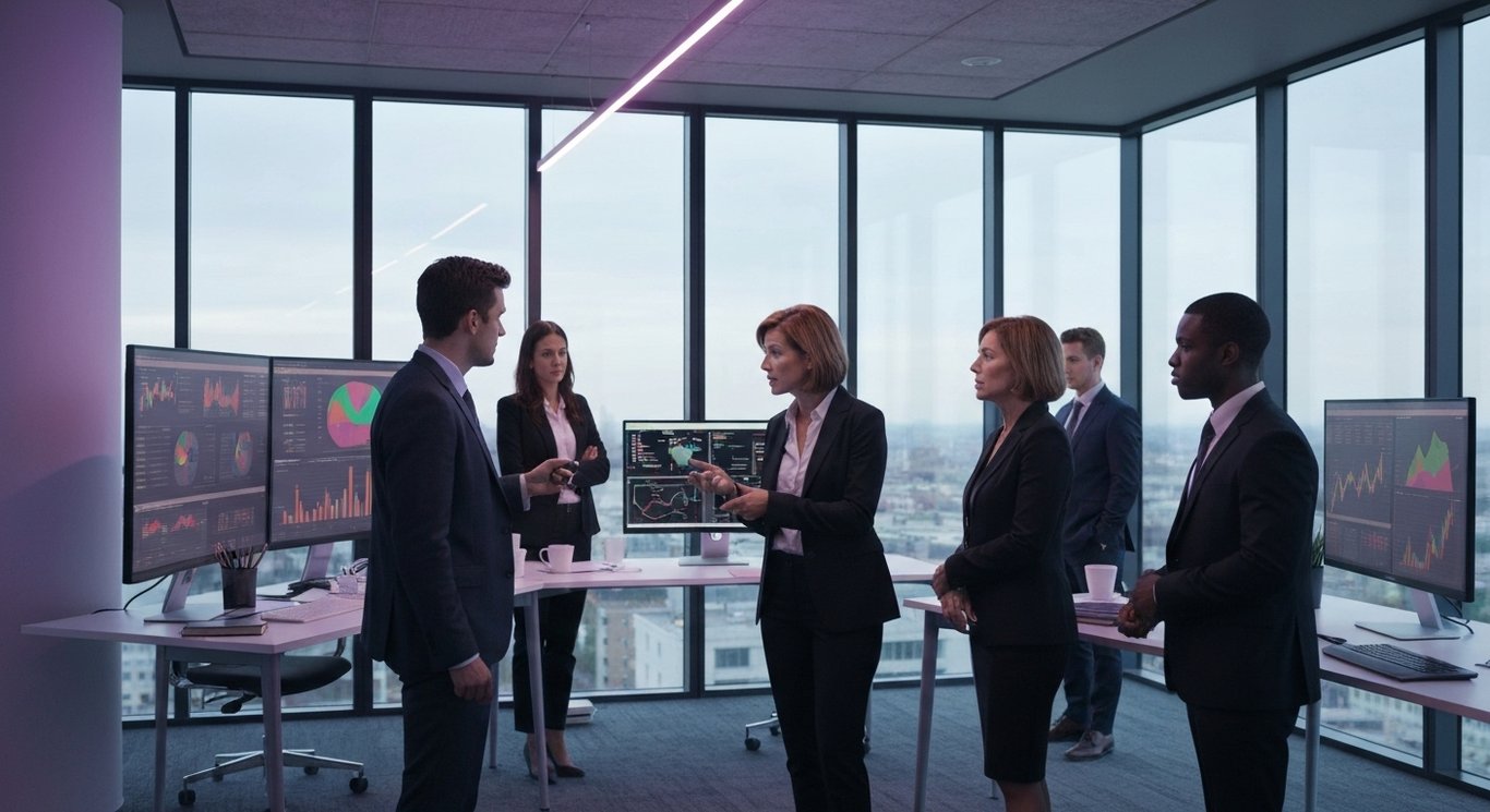 Business professionals analyzing charts in a modern office with a soft purple background