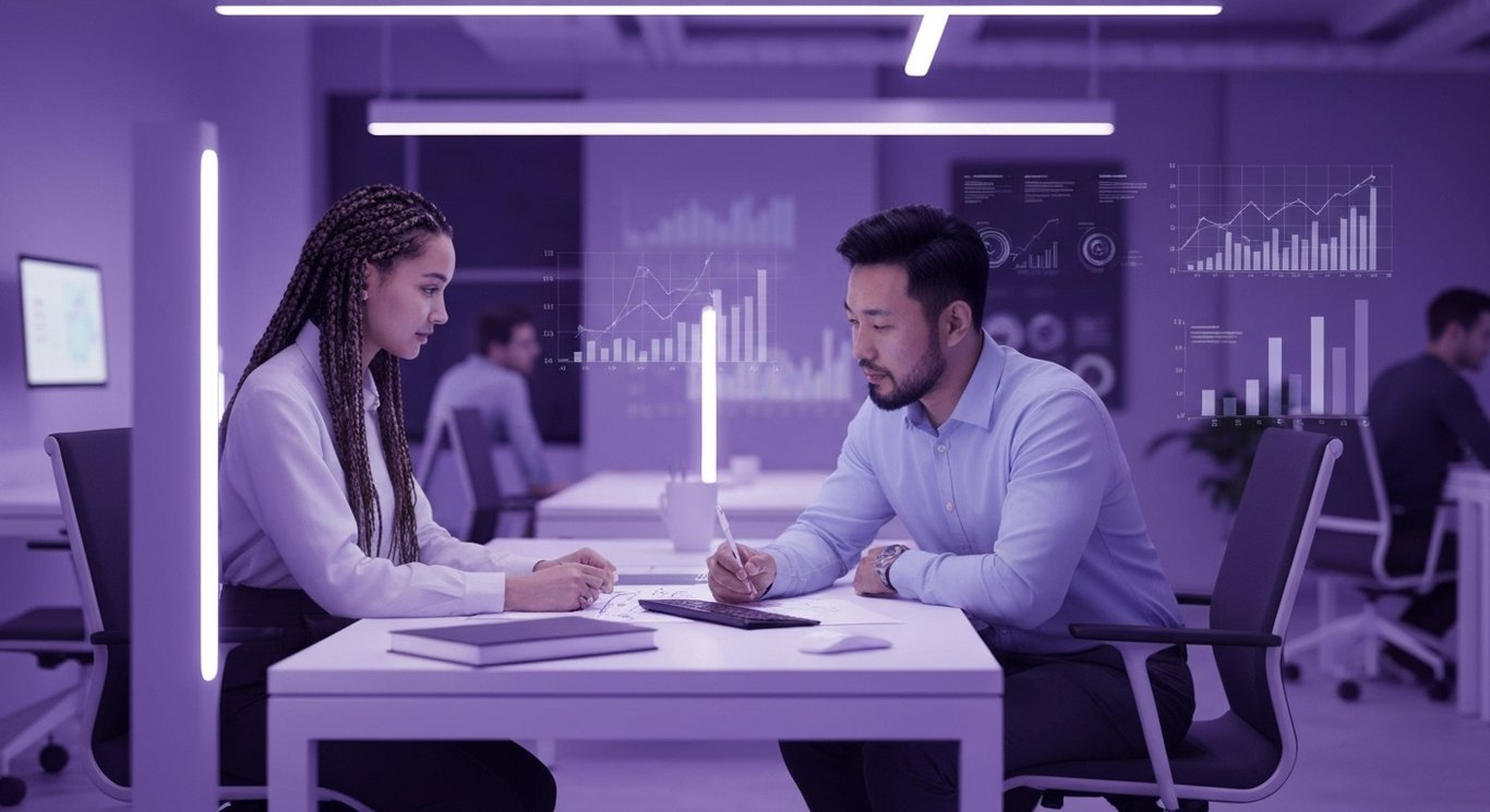 Modern office workspace with people collaborating, abstract graphs and technology accents in purple hues