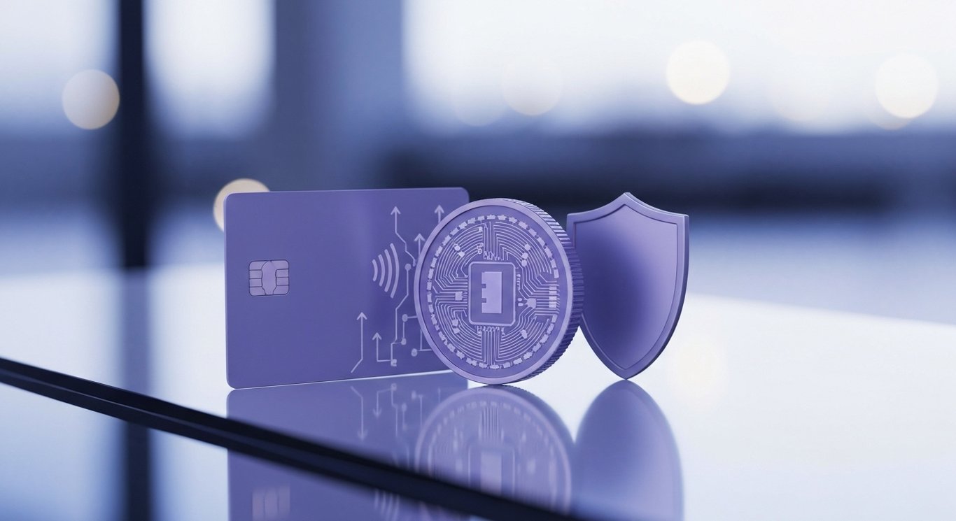 Contactless payment card with a luminous coin and shield on a reflective surface with soft purple bokeh