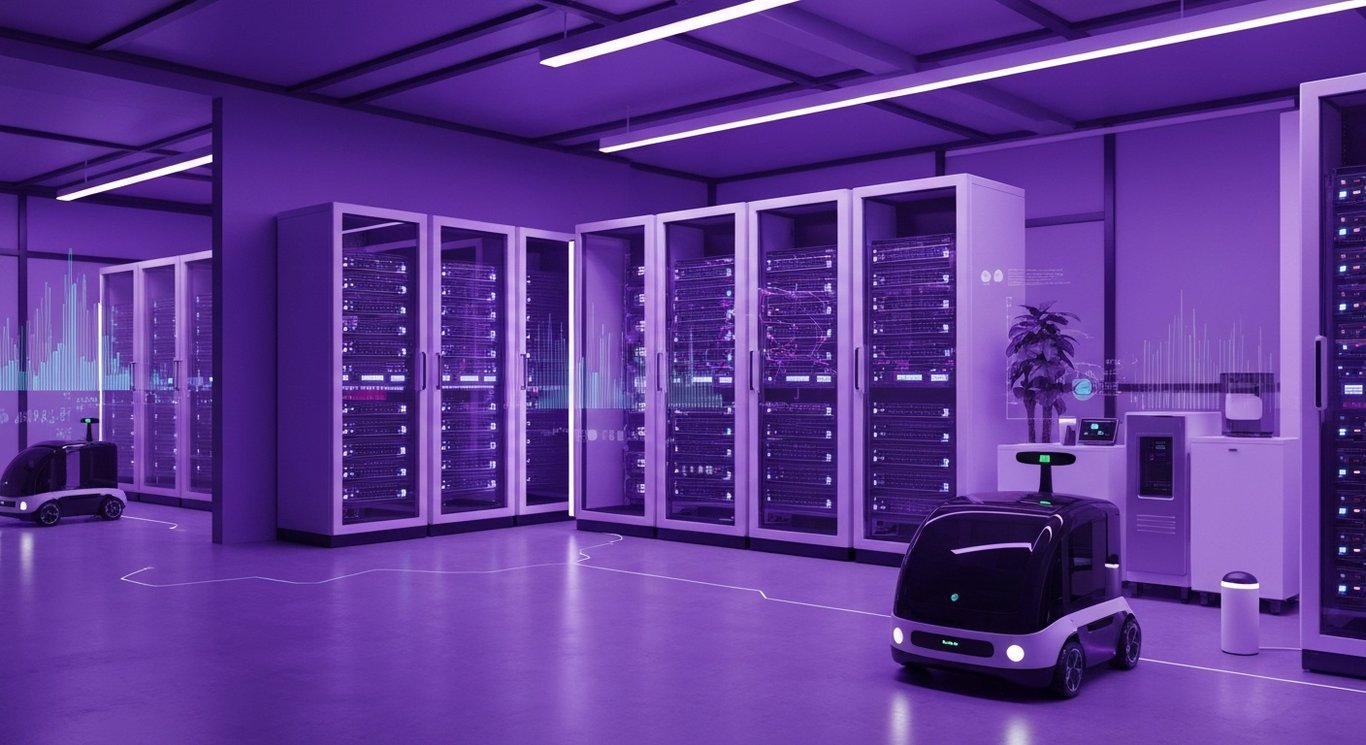 Server racks, self-driving vehicles, and smart devices in a modern workspace with purple lighting