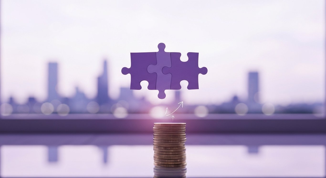 Puzzle pieces merging above stacked coins with a faint upward arrow on a glass desk and soft city skyline bokeh