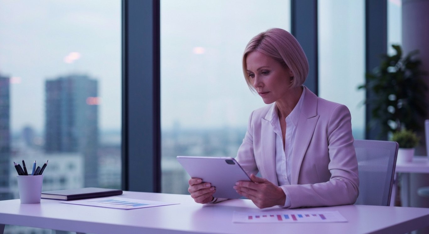 Businesswoman reviewing charts on a tablet in a modern office with purple lighting