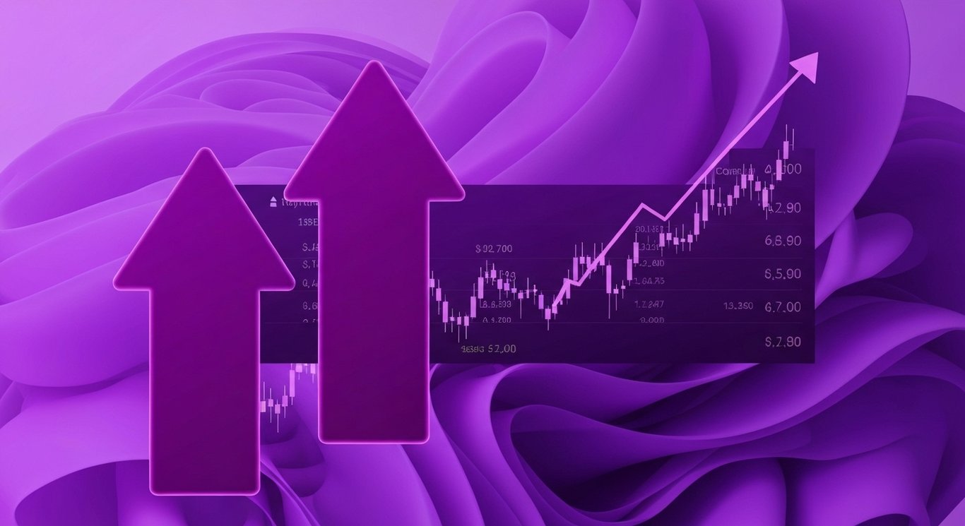 Two arrows and a digital stock ticker with abstract purple background elements