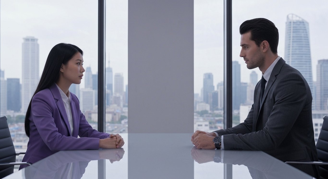 Two professionals discuss across a glass table in a modern office with a city skyline visible through large windows