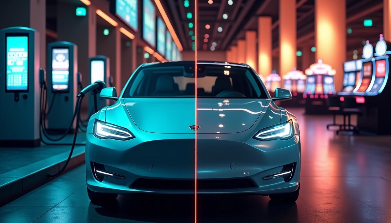 Contrasting image representing the consumer cyclical sector: electric vehicle charging versus an empty casino.