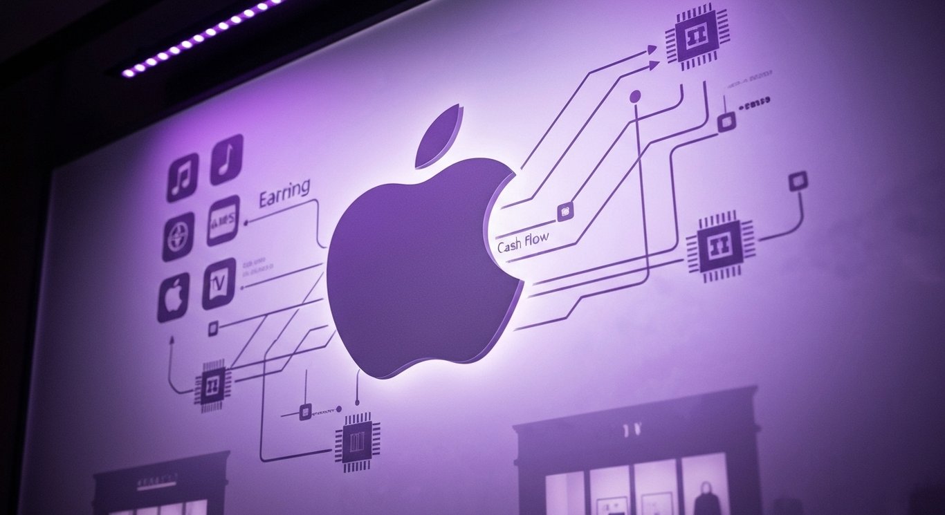 Apple logo with 2024 earnings visualization, profitability, cash flow, services growth, and AI strategy indicators