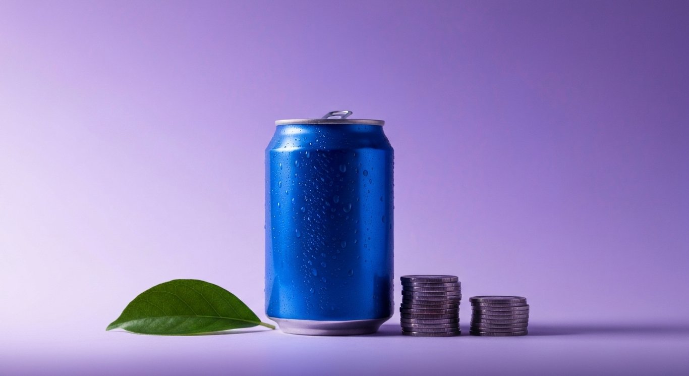Blue soda can next to coins and a green leaf on a surface with a soft purple gradient background