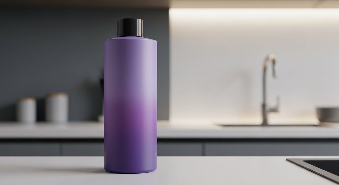Household cleaning product bottle on a sleek countertop with a soft purple background