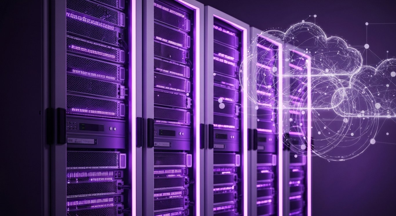 Modern server racks with glowing lights set against abstract purple cloud and AI-inspired shapes