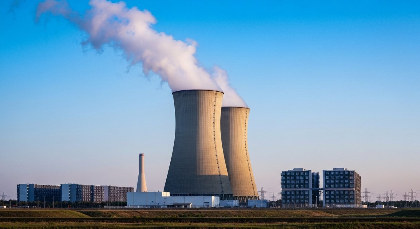 Nuclear power plant with cooling towers and data centers in the background under a clear sky