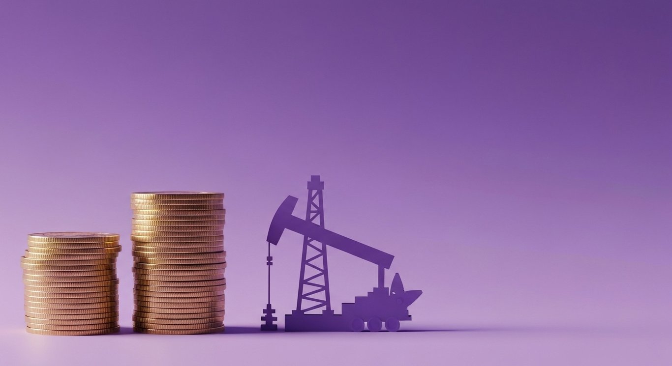 Stack of gold coins next to abstract oil drilling equipment with a purple gradient background